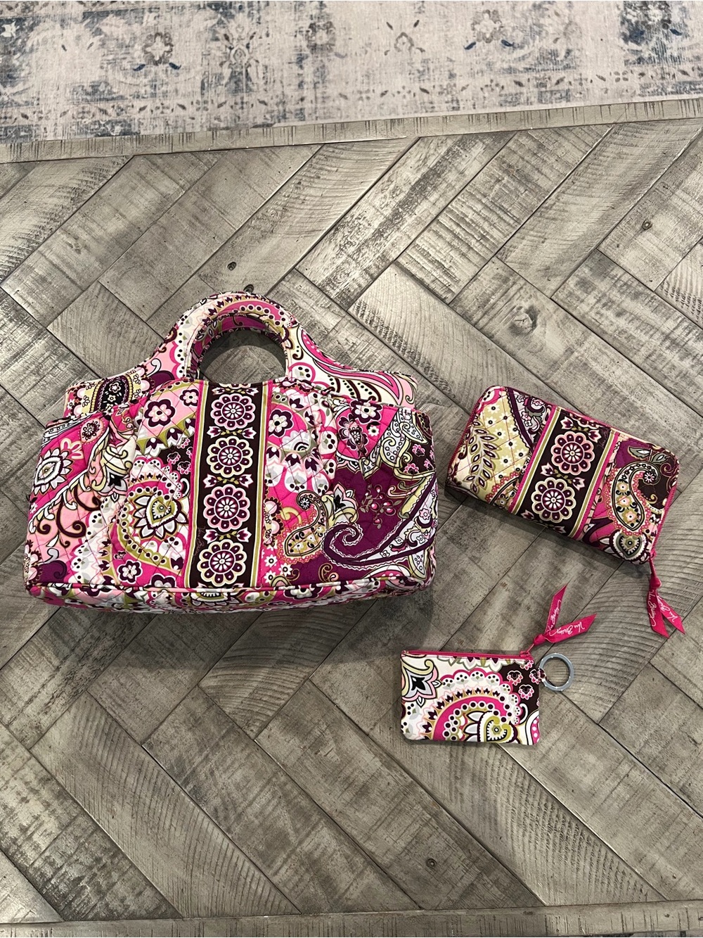 Vera Bradley Pink Paisley Quilted Tote with Matching Wallet & Coin Pouch